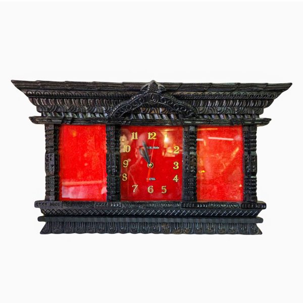 Traditional Newari Wooden Hand-Carved Wall Watch with Photo Frame
