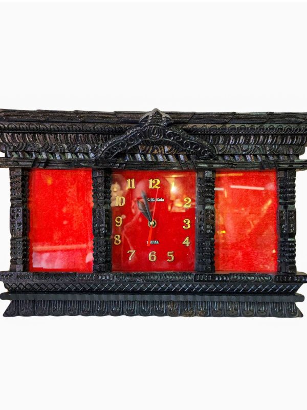 Traditional Newari Wooden Hand-Carved Wall Watch with Photo Frame