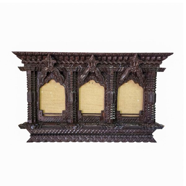 Traditional Newari Wooden Hand-Carved Three-Window Design Photo Frame
