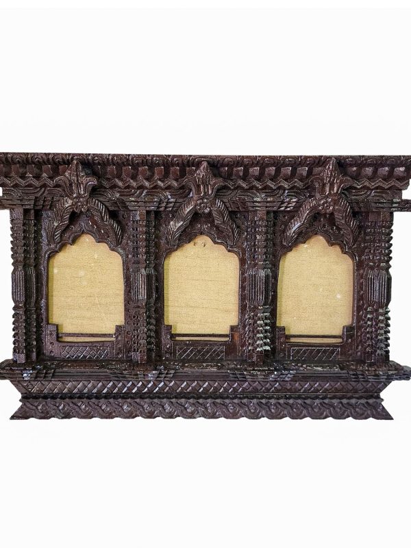 Traditional Newari Wooden Hand-Carved Three-Window Design Photo Frame