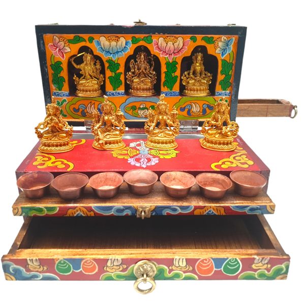 Buddhist Handmade Wooden Traveling Altar Chesum Box – Foldable with Seven Bodhisattvas