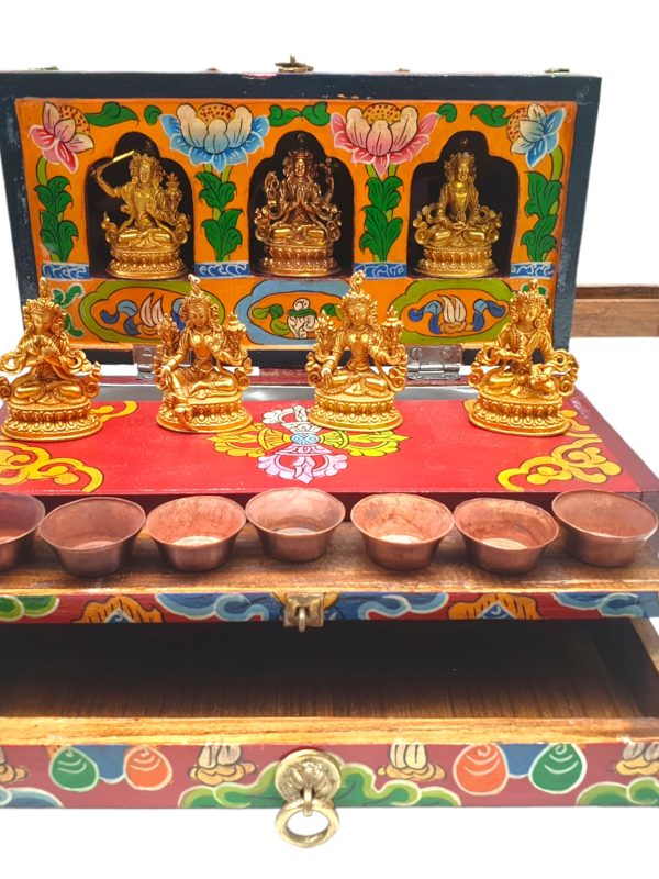 Buddhist Handmade Wooden Traveling Altar Chesum Box – Foldable with Seven Bodhisattvas