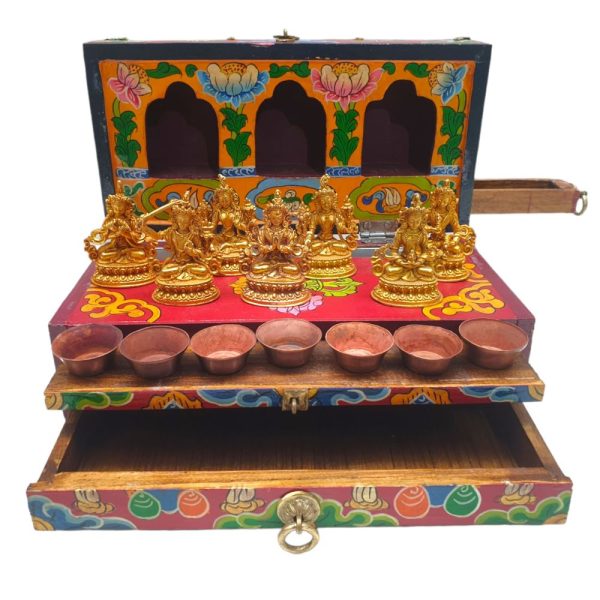 Buddhist Handmade Wooden Traveling Altar Chesum Box – Foldable with Seven Bodhisattvas