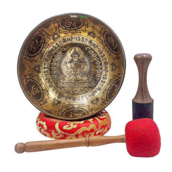 Buddhist Hand-Beaten Singing Bowl – Chenrezig Carving