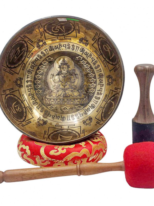 Buddhist Hand-Beaten Singing Bowl – Chenrezig Carving