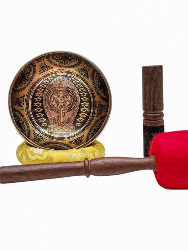 Buddhist Hand-Beaten Singing Bowl – Sahasrabhuja Avalokitesvara Carving