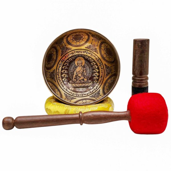 Buddhist Hand-Beaten Singing Bowl – Medicine Buddha Carving