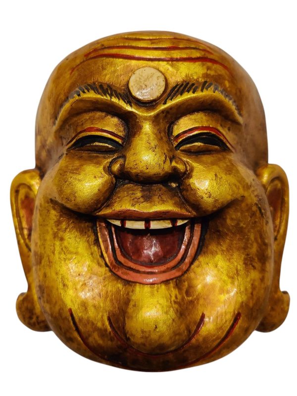 Laughing Buddha – Handmade Wooden Mask, Wall Hanging, Painted, Poplar Wood