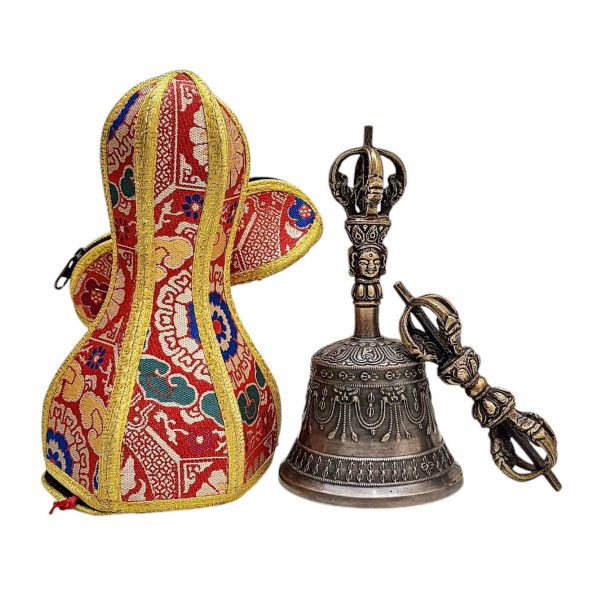 Antique-Finish Bell and Vajra Set with Brocade Cover