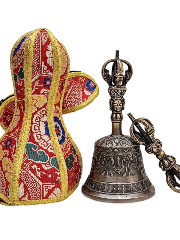 Antique-Finish Bell and Vajra Set with Brocade Cover