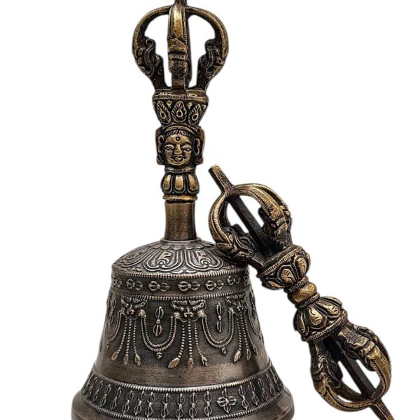Antique-Finish Bell and Vajra Set with Brocade Cover