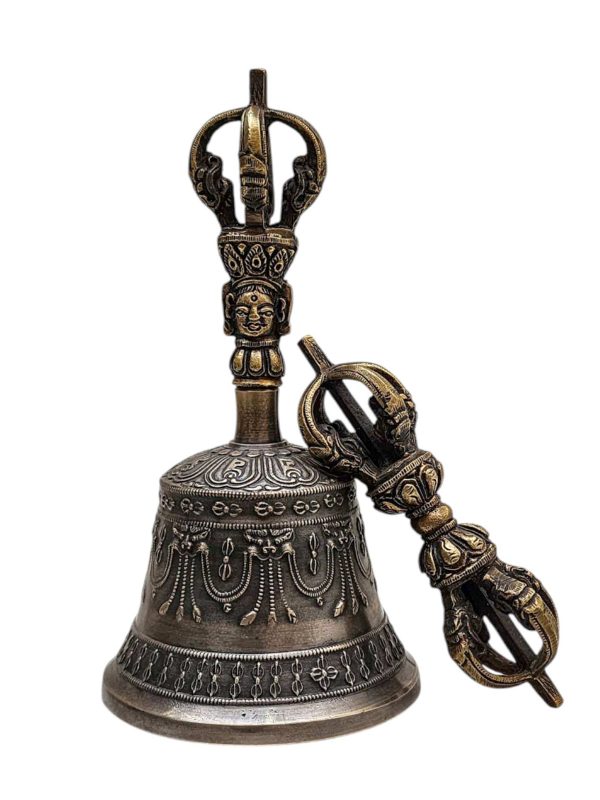 Antique-Finish Bell and Vajra Set with Brocade Cover