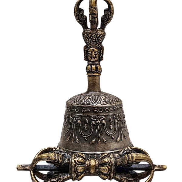 Antique-Finish Bell and Vajra Set with Brocade Cover