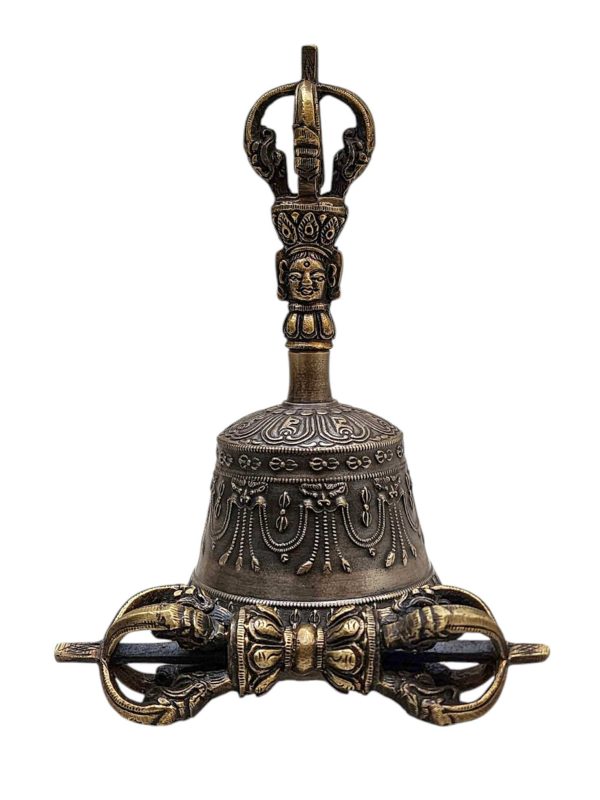 Antique-Finish Bell and Vajra Set with Brocade Cover