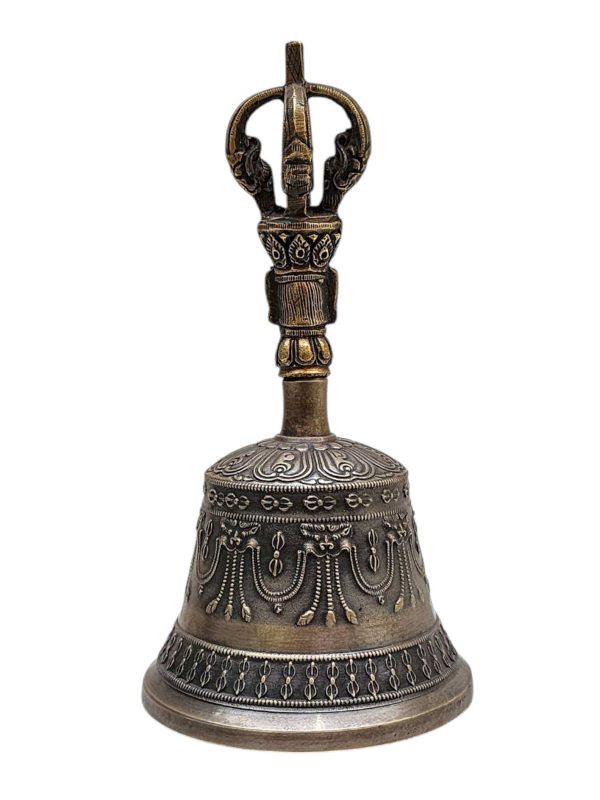 Antique-Finish Bell and Vajra Set with Brocade Cover