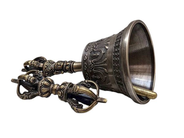Antique-Finish Bell and Vajra Set with Brocade Cover