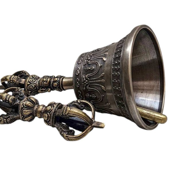 Antique-Finish Bell and Vajra Set with Brocade Cover