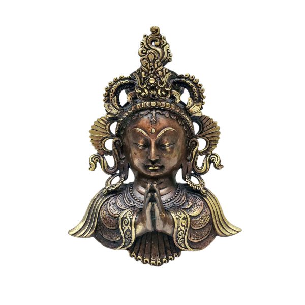 Namaste Posture – Green Tara, Handmade Ritual Metal Mask, Antique Finishing