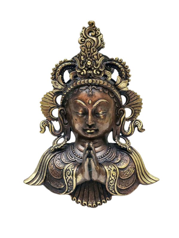 Namaste Posture – Green Tara, Handmade Ritual Metal Mask, Antique Finishing
