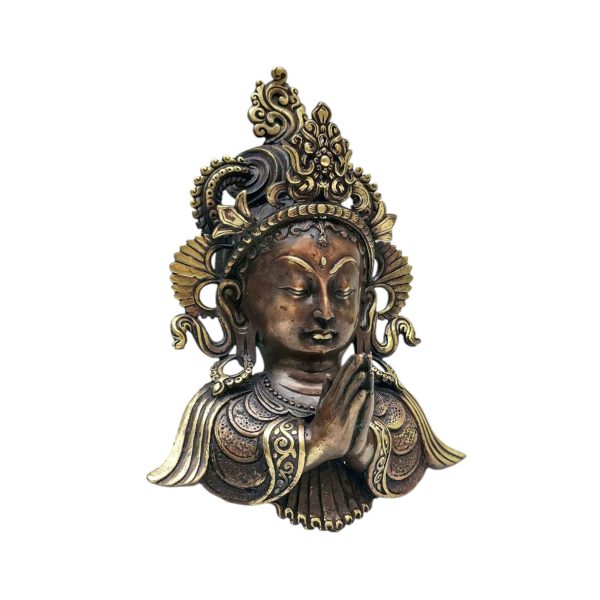 Namaste Posture – Green Tara, Handmade Ritual Metal Mask, Antique Finishing