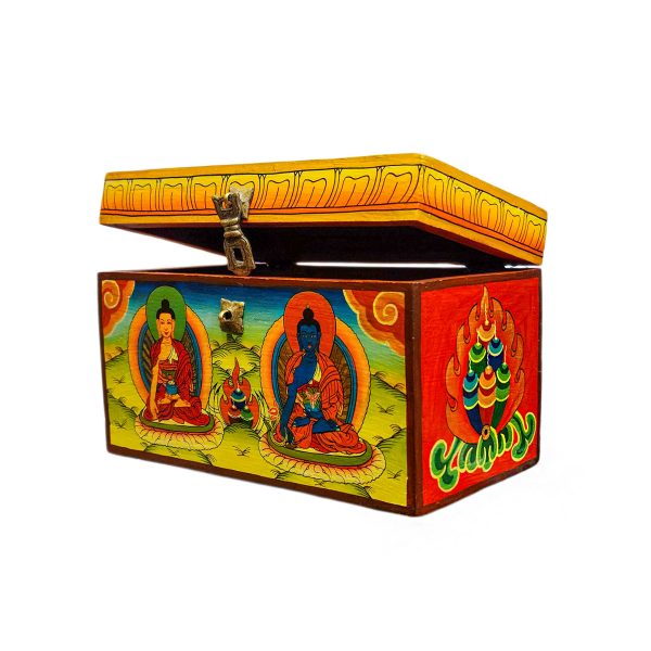 Buddhist Wooden Box with Shakyamuni Buddha and Medicine Buddha – Tibetan Style with Traditional Colors