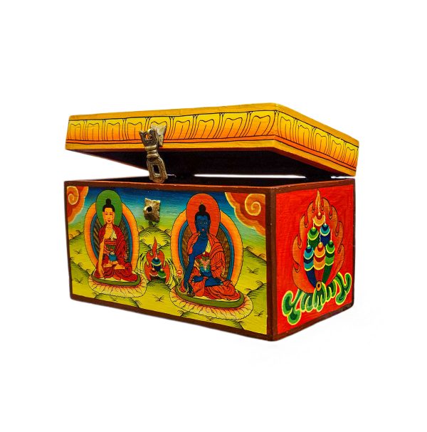 Buddhist Wooden Box with Shakyamuni Buddha and Medicine Buddha – Tibetan Style with Traditional Colors