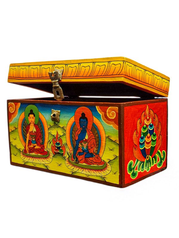 Buddhist Wooden Box with Shakyamuni Buddha and Medicine Buddha – Tibetan Style with Traditional Colors