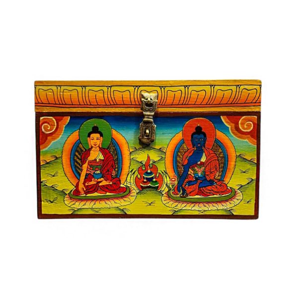 Buddhist Wooden Box with Shakyamuni Buddha and Medicine Buddha – Tibetan Style with Traditional Colors
