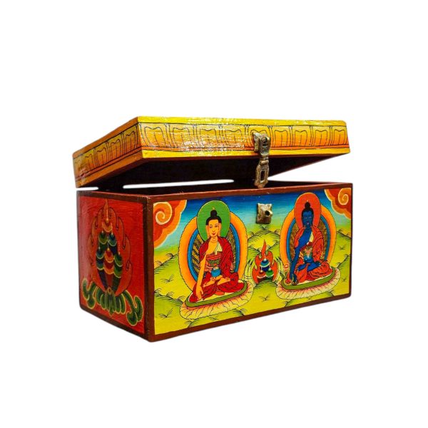 Buddhist Wooden Box with Shakyamuni Buddha and Medicine Buddha – Tibetan Style with Traditional Colors