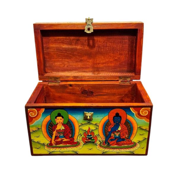Buddhist Wooden Box with Shakyamuni Buddha and Medicine Buddha – Tibetan Style with Traditional Colors