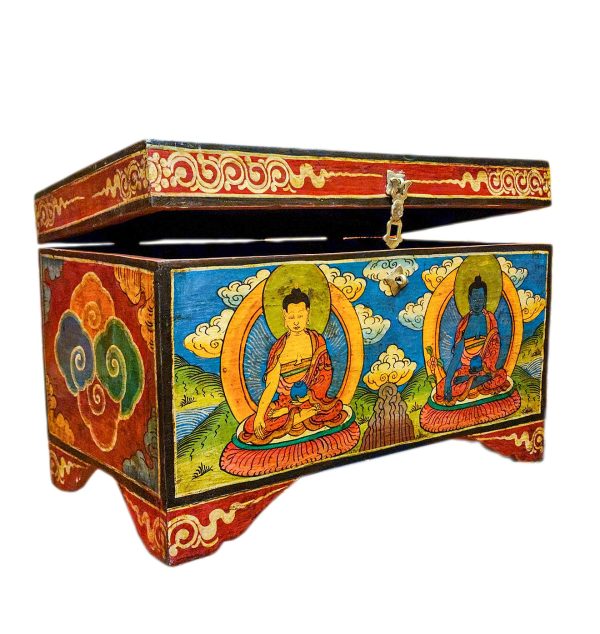 Buddhist Wooden Box with Shakyamuni Buddha and Medicine Buddha – Tibetan Style with Traditional Colors