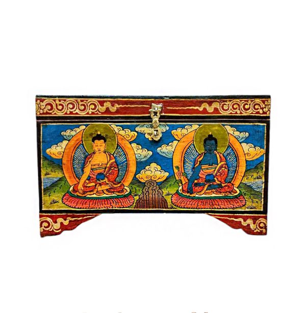 Buddhist Wooden Box with Shakyamuni Buddha and Medicine Buddha – Tibetan Style with Traditional Colors