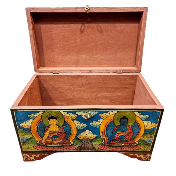 Buddhist Wooden Box with Shakyamuni Buddha and Medicine Buddha – Tibetan Style with Traditional Colors