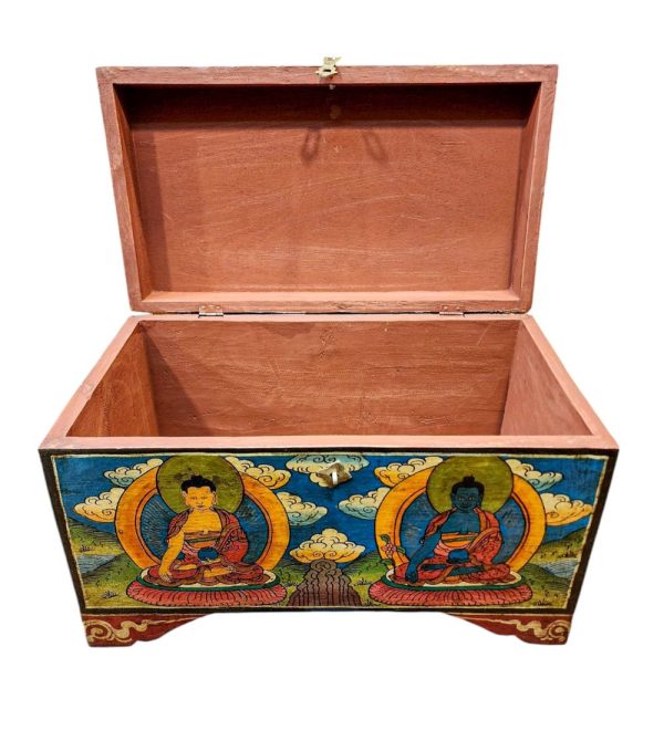 Buddhist Wooden Box with Shakyamuni Buddha and Medicine Buddha – Tibetan Style with Traditional Colors
