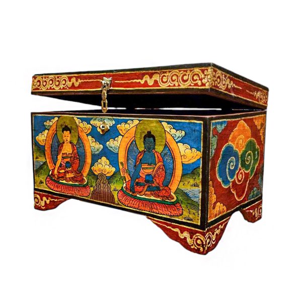 Buddhist Wooden Box with Shakyamuni Buddha and Medicine Buddha – Tibetan Style with Traditional Colors