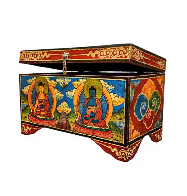 Buddhist Wooden Box with Shakyamuni Buddha and Medicine Buddha – Tibetan Style with Traditional Colors