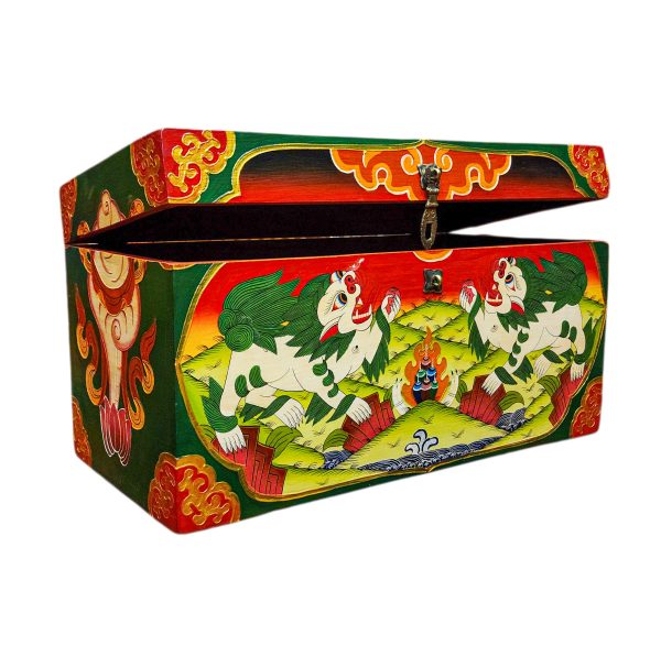 Buddhist Wooden Box with Snow Lion – Tibetan Style with Traditional Colors