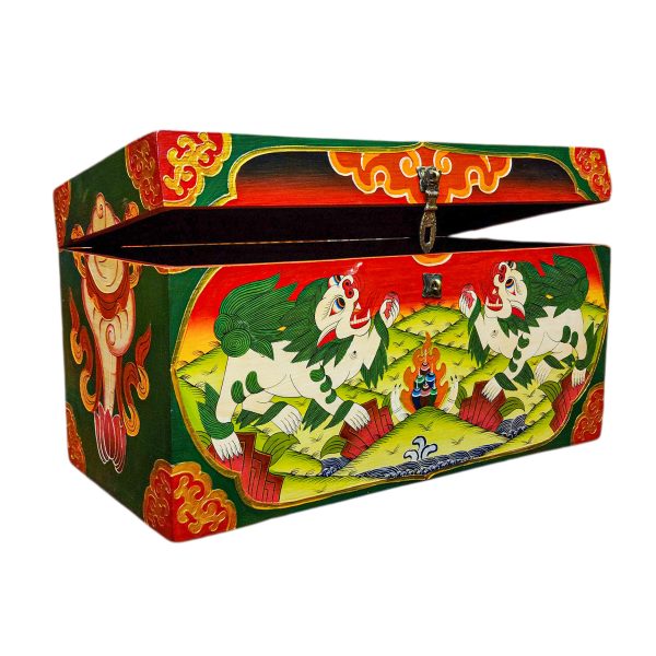 Buddhist Wooden Box with Snow Lion – Tibetan Style with Traditional Colors