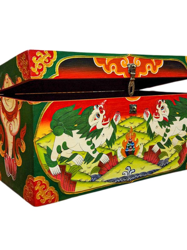Buddhist Wooden Box with Snow Lion – Tibetan Style with Traditional Colors