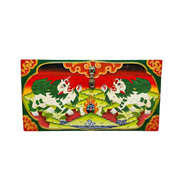 Buddhist Wooden Box with Snow Lion – Tibetan Style with Traditional Colors