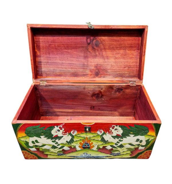 Buddhist Wooden Box with Snow Lion – Tibetan Style with Traditional Colors