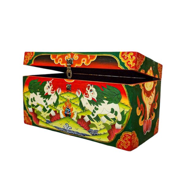Buddhist Wooden Box with Snow Lion – Tibetan Style with Traditional Colors