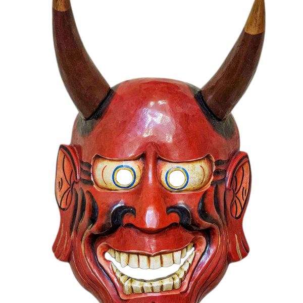 Buddhist Wooden Tribal Mask with Oni – Tibetan Style with Traditional Colors