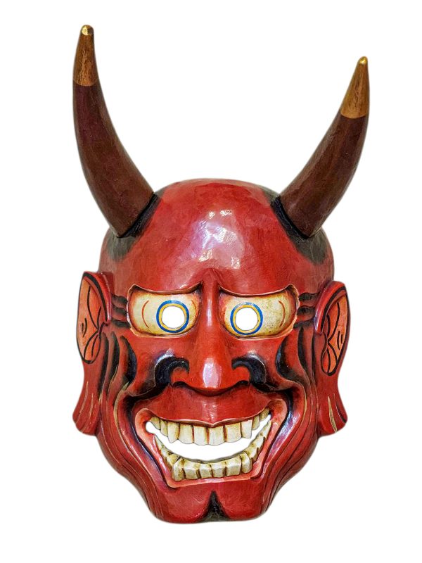 Buddhist Wooden Tribal Mask with Oni – Tibetan Style with Traditional Colors