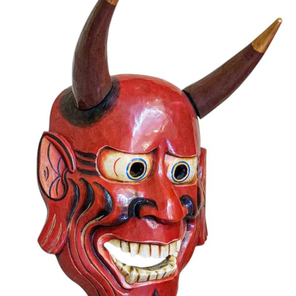 Buddhist Wooden Tribal Mask with Oni – Tibetan Style with Traditional Colors