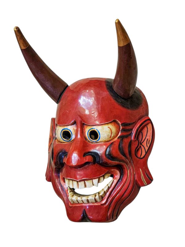 Buddhist Wooden Tribal Mask with Oni – Tibetan Style with Traditional Colors
