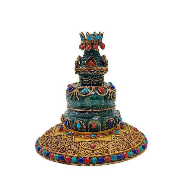 Full Gold Plated Stupa – Buddhist Handmade Statue with Stone Setting