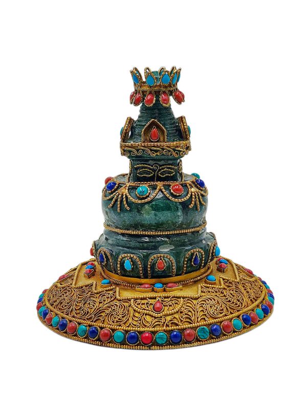 Full Gold Plated Stupa – Buddhist Handmade Statue with Stone Setting