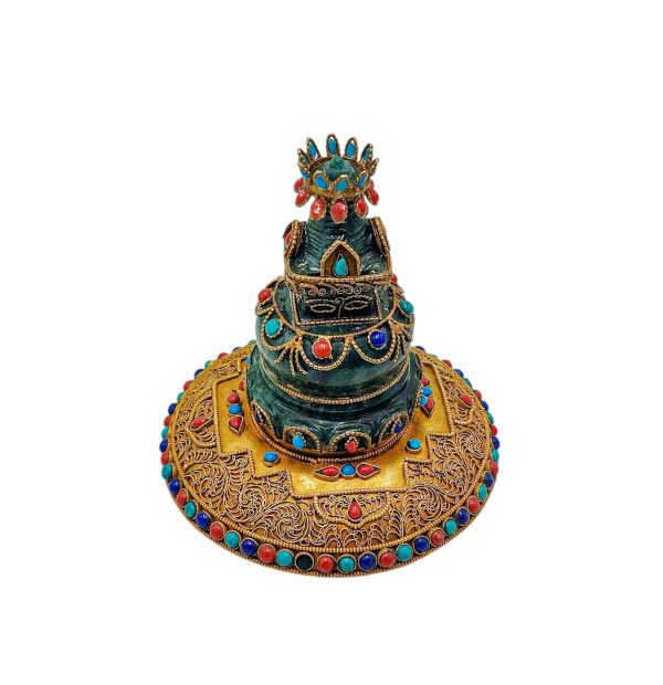 Full Gold Plated Stupa – Buddhist Handmade Statue with Stone Setting