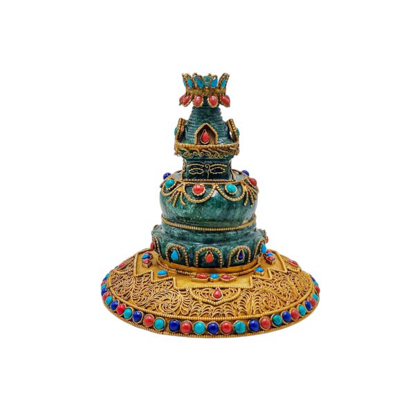 Full Gold Plated Stupa – Buddhist Handmade Statue with Stone Setting